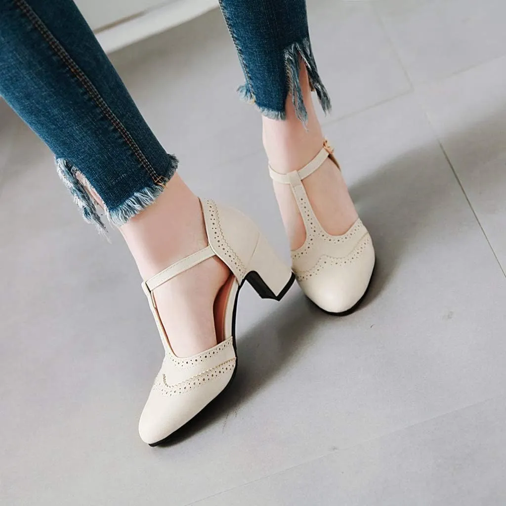 MIOKE Women's Classic T-Strap Mary Jane Pumps Round Toe Chunky Block Heel Retro Vintage Dress Oxford Shoes