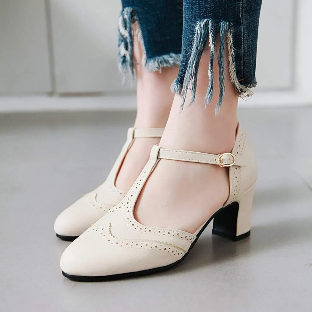 MIOKE Women's Classic T-Strap Mary Jane Pumps Round Toe Chunky Block Heel Retro Vintage Dress Oxford Shoes