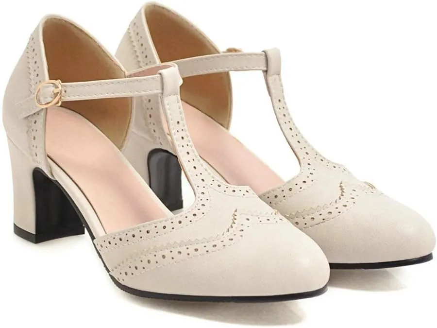 MIOKE Women's Classic T-Strap Mary Jane Pumps Round Toe Chunky Block Heel Retro Vintage Dress Oxford Shoes