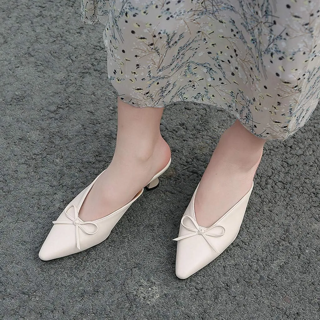 MIOKE Women's Comfy Kitten Low Heel Mules Pointed Toe Bow Slip On Backless Pump Slide Sandal Office Shoes