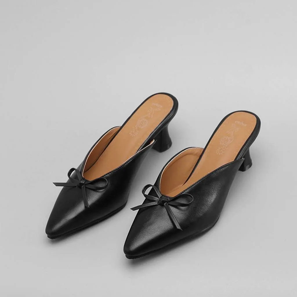 MIOKE Women's Comfy Kitten Low Heel Mules Pointed Toe Bow Slip On Backless Pump Slide Sandal Office Shoes