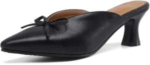 MIOKE Women's Comfy Kitten Low Heel Mules Pointed Toe Bow Slip On Backless Pump Slide Sandal Office Shoes