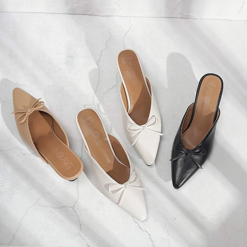 MIOKE Women's Comfy Kitten Low Heel Mules Pointed Toe Bow Slip On Backless Pump Slide Sandal Office Shoes