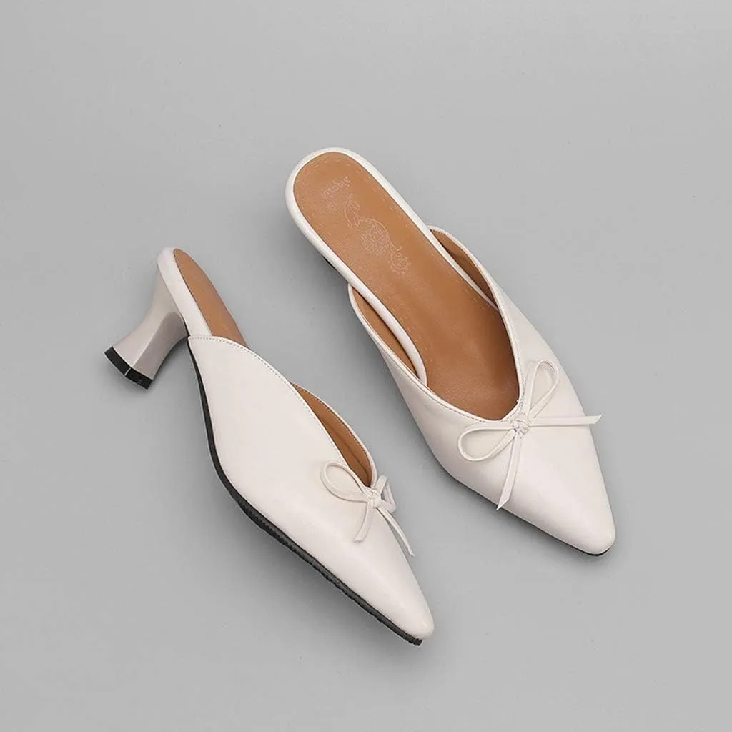 MIOKE Women's Comfy Kitten Low Heel Mules Pointed Toe Bow Slip On Backless Pump Slide Sandal Office Shoes