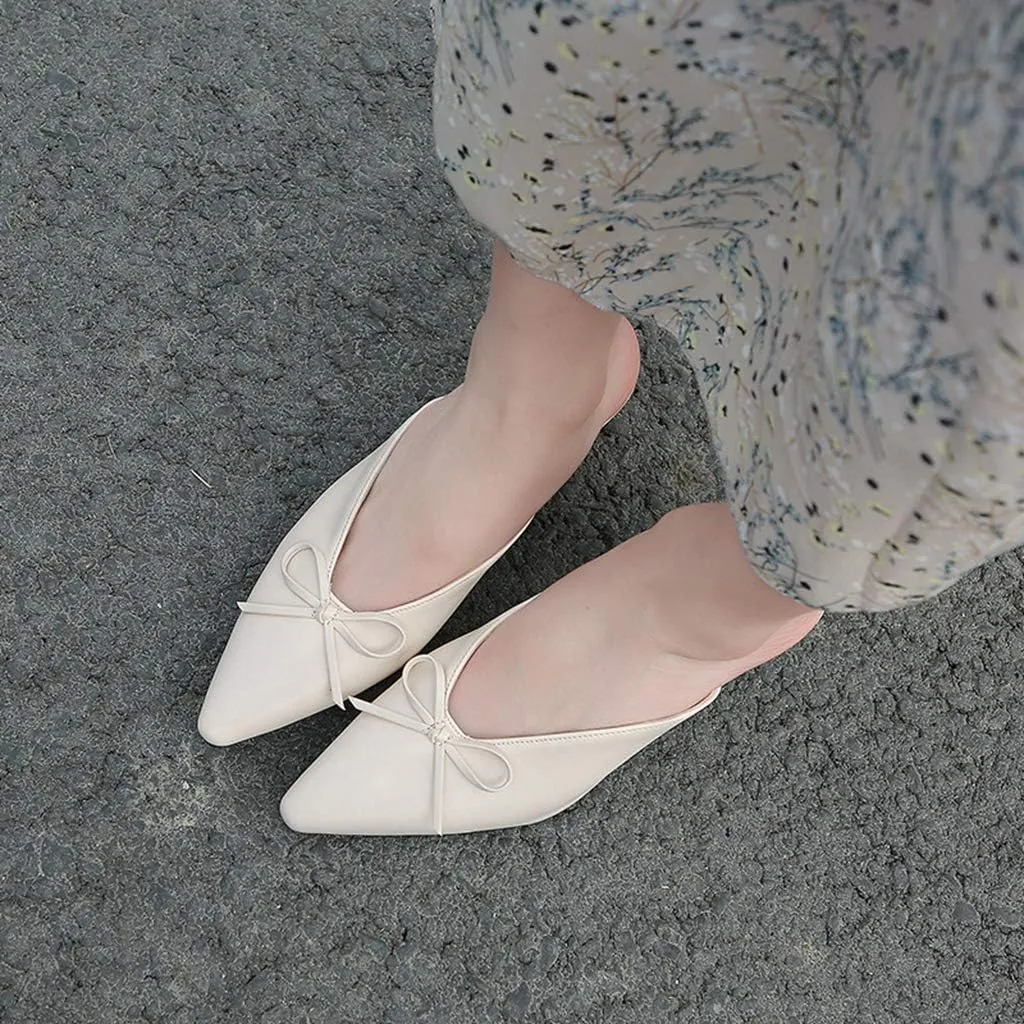 MIOKE Women's Comfy Kitten Low Heel Mules Pointed Toe Bow Slip On Backless Pump Slide Sandal Office Shoes