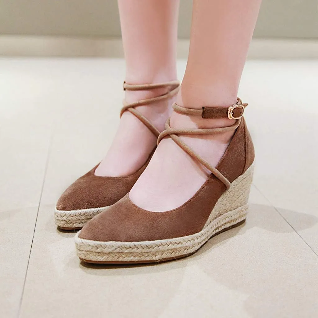 MIOKE Women's Espadrille Wedge Sandals Pointed Toe Ankle Strappy Chunky Platform High Heel Dress Shoes