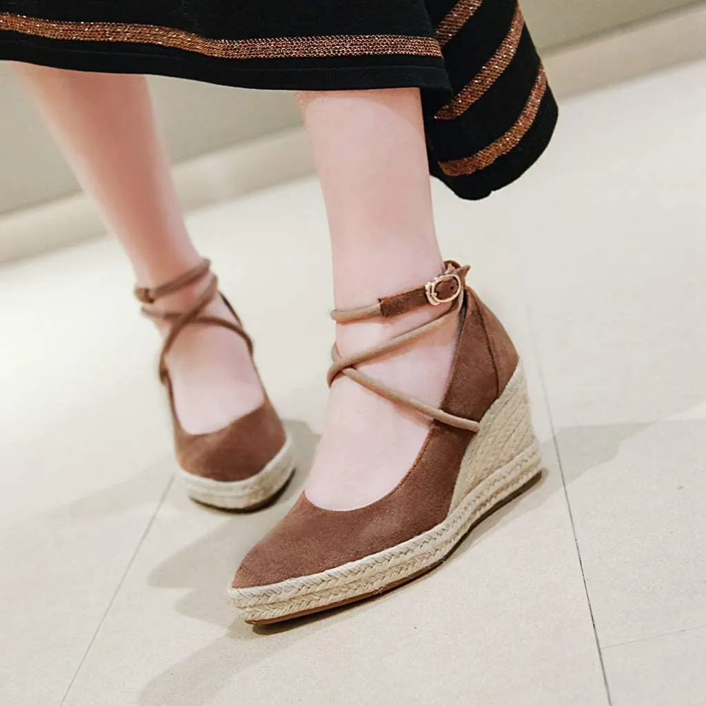 MIOKE Women's Espadrille Wedge Sandals Pointed Toe Ankle Strappy Chunky Platform High Heel Dress Shoes