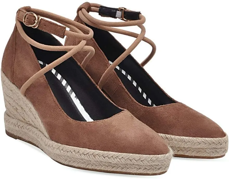 MIOKE Women's Espadrille Wedge Sandals Pointed Toe Ankle Strappy Chunky Platform High Heel Dress Shoes