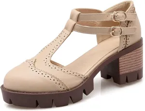 MIOKE Women's Retro T-Strap Mary Jane Pumps Round Toe Perforated Platform Block Heel Vintage Oxford Shoes