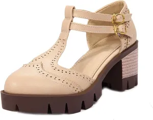 MIOKE Women's T-Strap Mary Jane Pumps Retro Round Toe Platform Chunky Heel Brogue Vintage Oxford Shoes