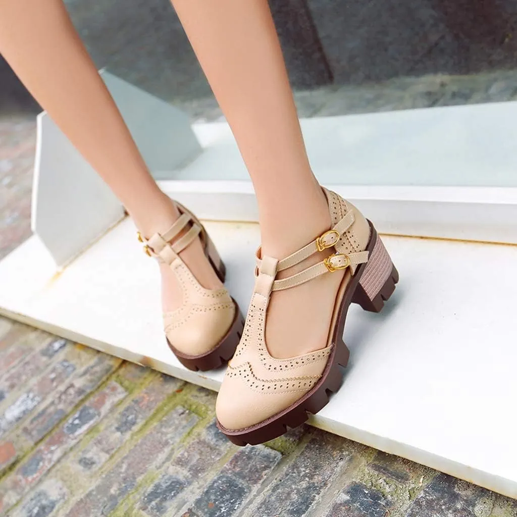 MIOKE Women's T-Strap Mary Jane Pumps Retro Round Toe Platform Chunky Heel Brogue Vintage Oxford Shoes