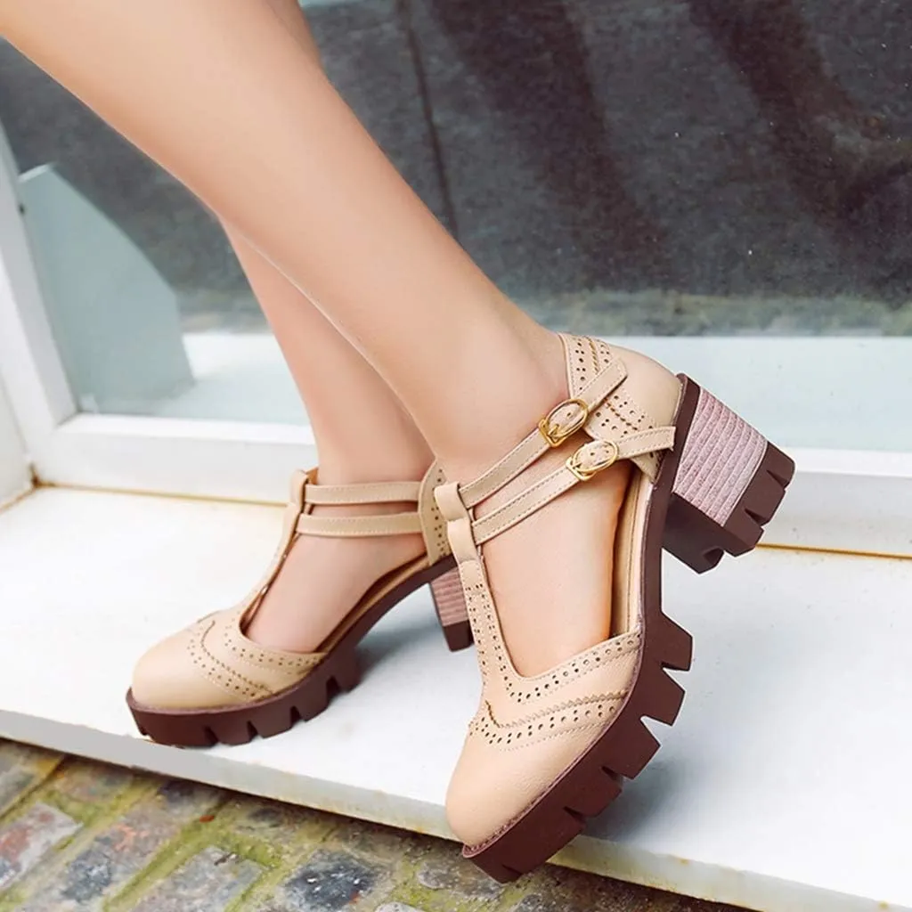 MIOKE Women's T-Strap Mary Jane Pumps Retro Round Toe Platform Chunky Heel Brogue Vintage Oxford Shoes