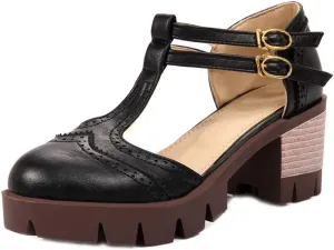 MIOKE Women's T-Strap Mary Jane Pumps Retro Round Toe Platform Chunky Heel Brogue Vintage Oxford Shoes