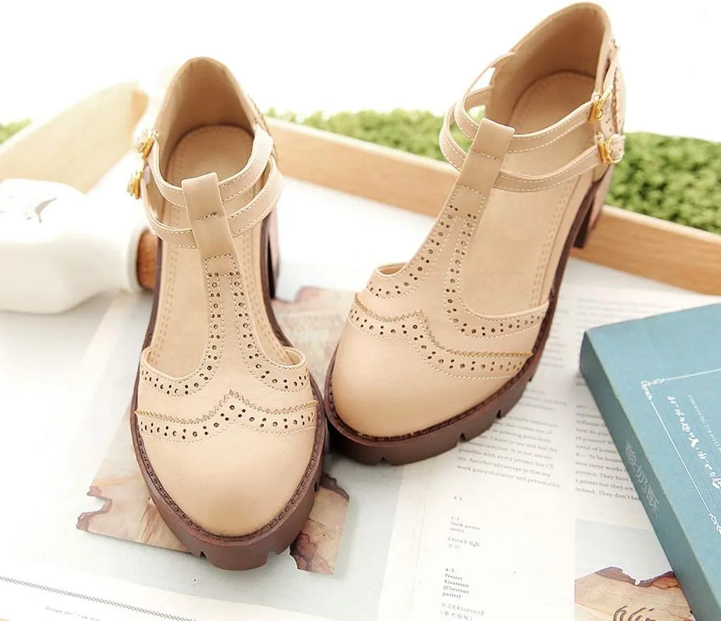 MIOKE Women's T-Strap Mary Jane Pumps Retro Round Toe Platform Chunky Heel Brogue Vintage Oxford Shoes