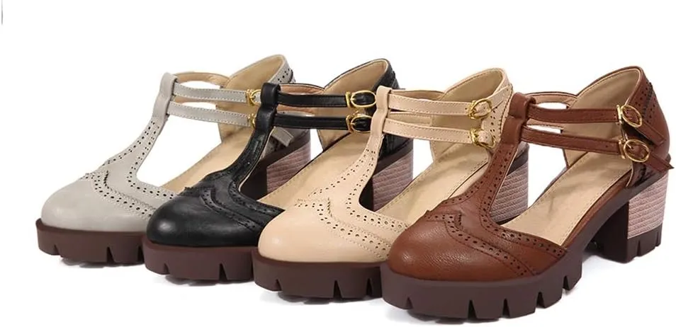 MIOKE Women's T-Strap Mary Jane Pumps Retro Round Toe Platform Chunky Heel Brogue Vintage Oxford Shoes