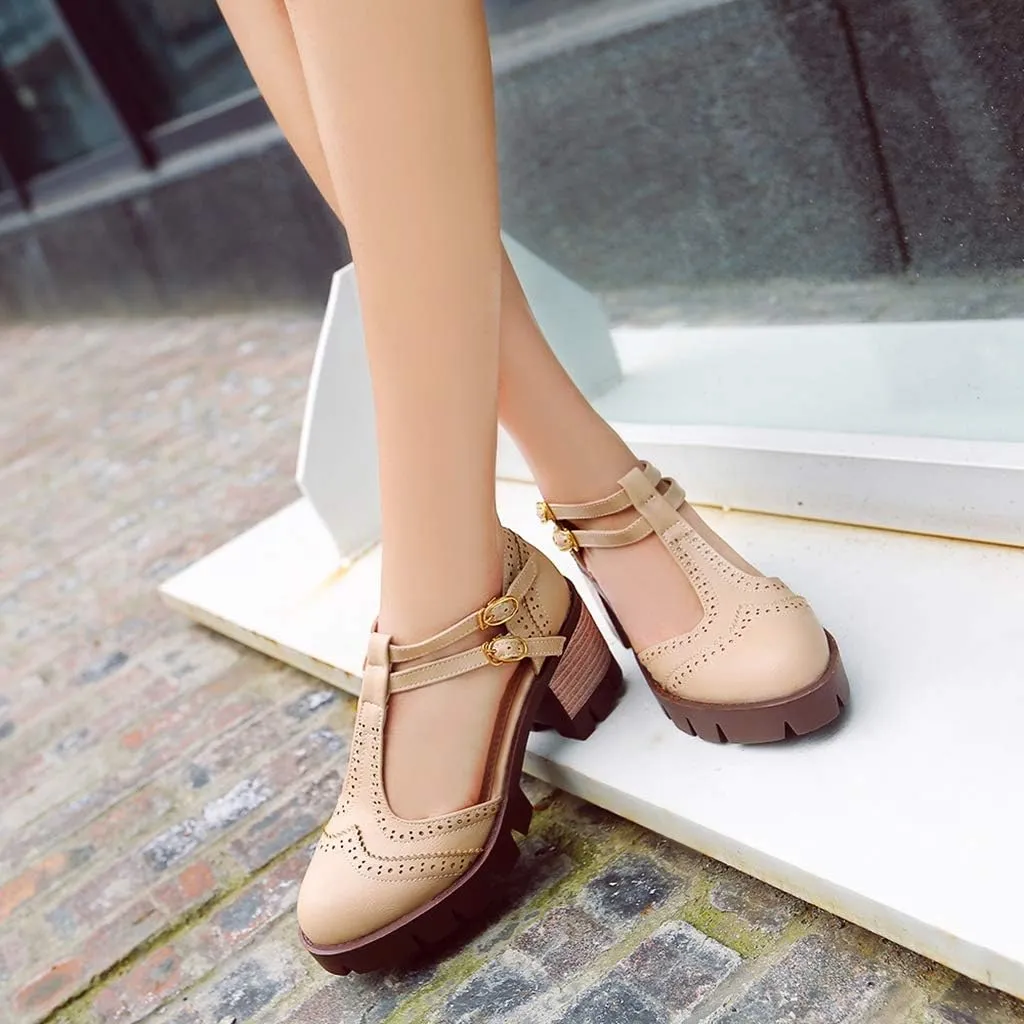 MIOKE Women's T-Strap Mary Jane Pumps Retro Round Toe Platform Chunky Heel Brogue Vintage Oxford Shoes