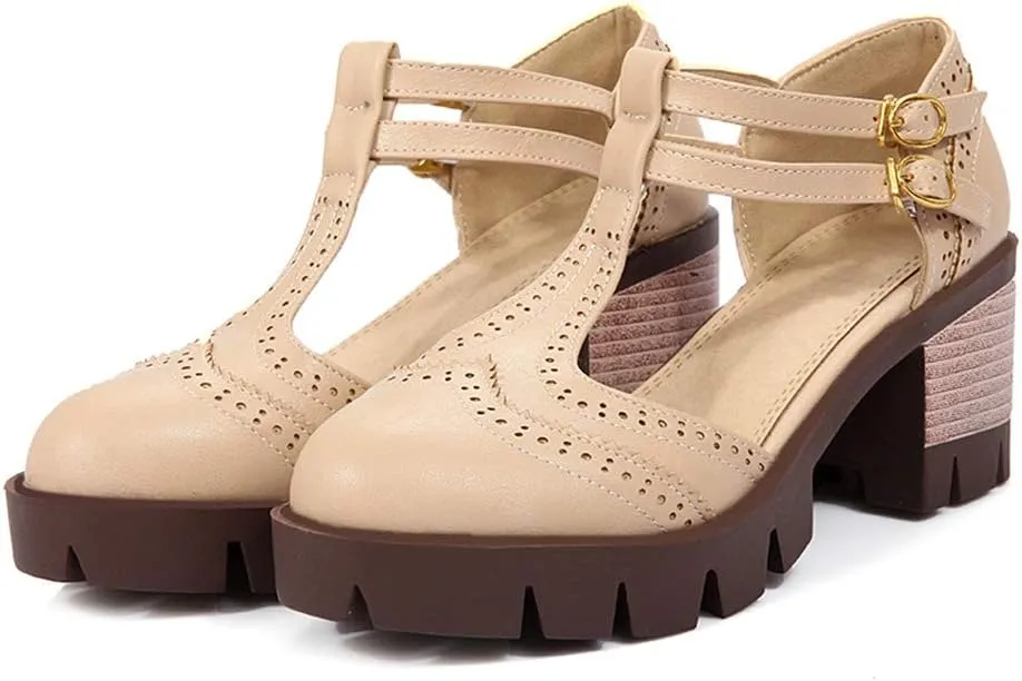 MIOKE Women's T-Strap Mary Jane Pumps Retro Round Toe Platform Chunky Heel Brogue Vintage Oxford Shoes