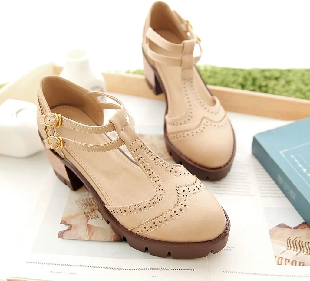 MIOKE Women's T-Strap Mary Jane Pumps Retro Round Toe Platform Chunky Heel Brogue Vintage Oxford Shoes