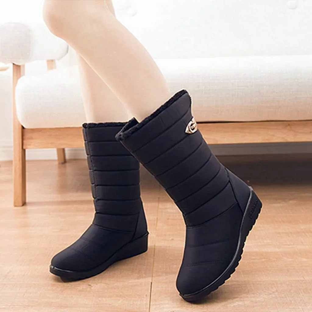 MIOKE Women's Waterproof Rain Mid Wide Calf Snow Boots Warm Fur Lightweight Slip On Winter Cold Weather Boot