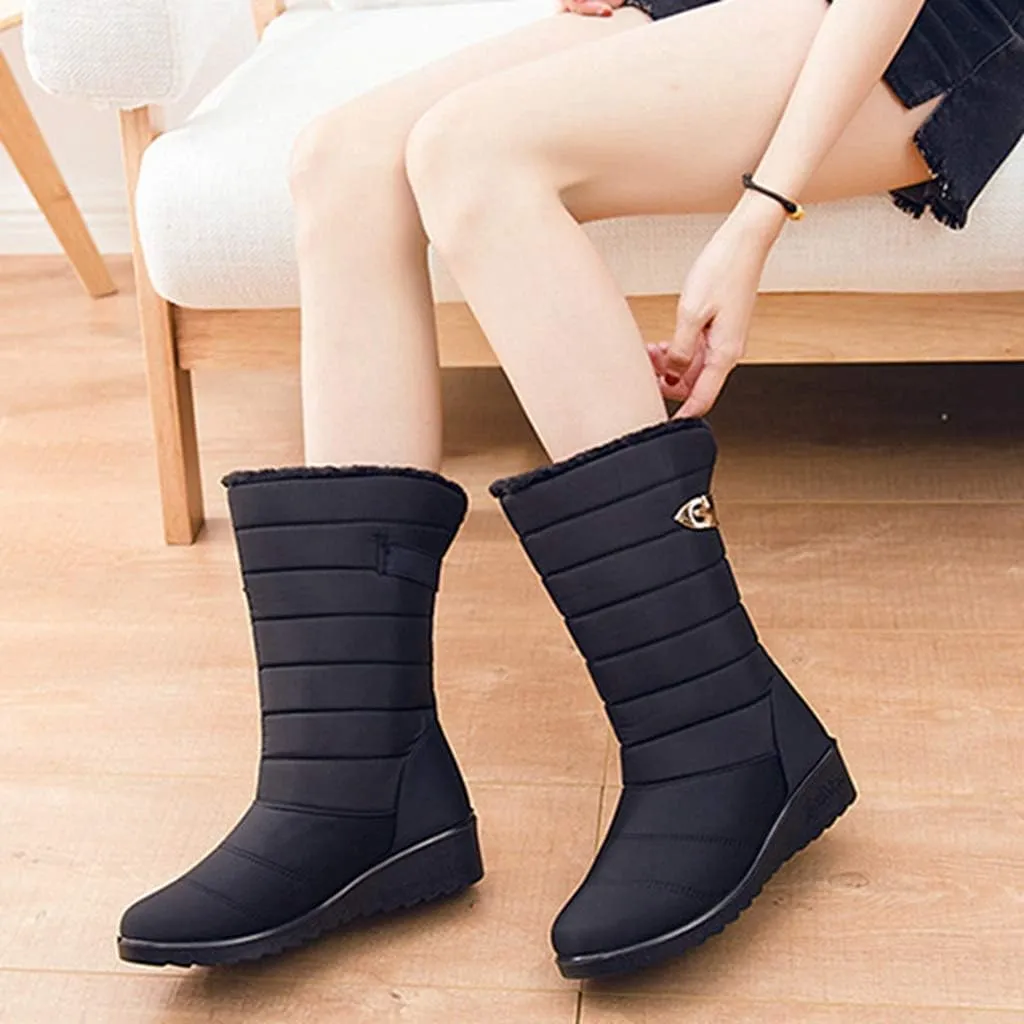MIOKE Women's Waterproof Rain Mid Wide Calf Snow Boots Warm Fur Lightweight Slip On Winter Cold Weather Boot