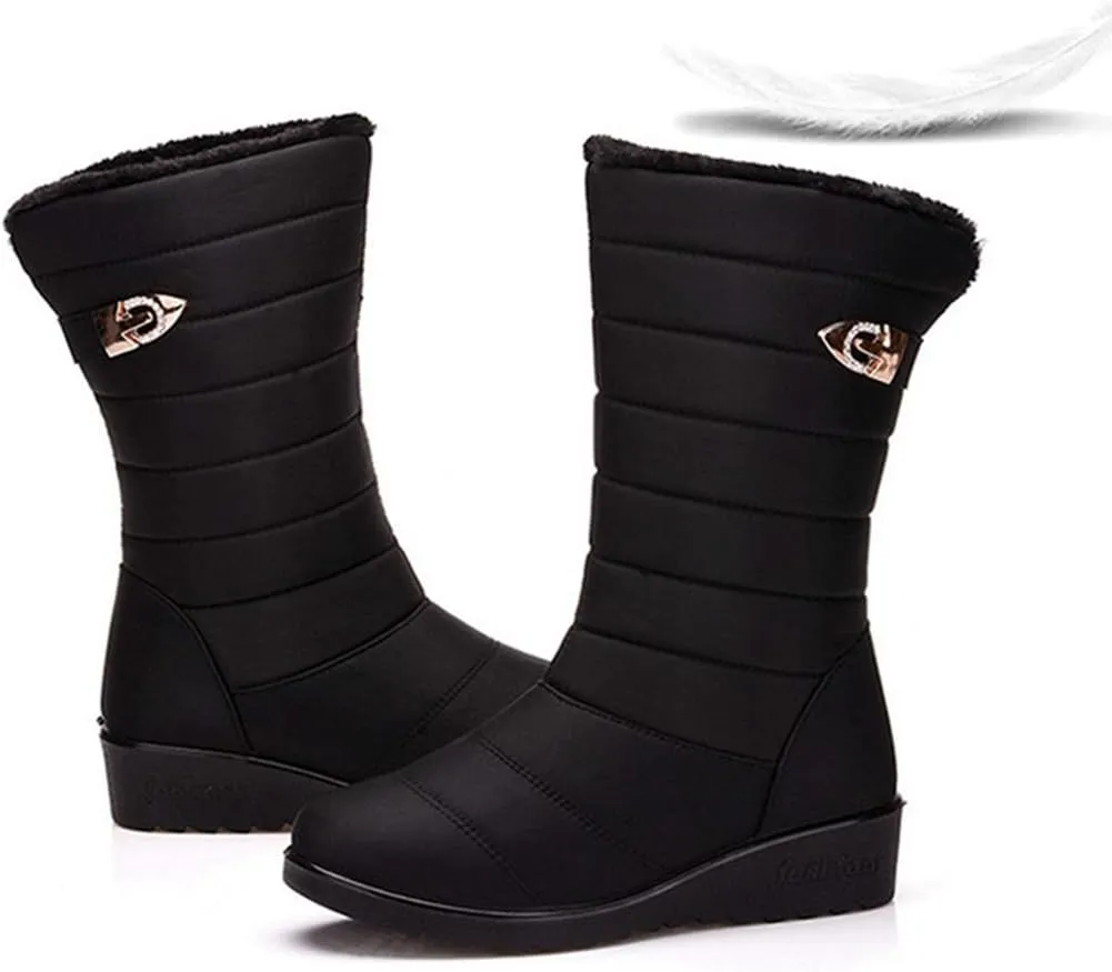MIOKE Women's Waterproof Rain Mid Wide Calf Snow Boots Warm Fur Lightweight Slip On Winter Cold Weather Boot