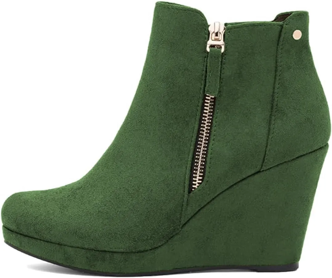 miss left Women's Trendy Wedge Ankle Boots Closed Round Toe Double Zippers High Heel Short Booties Fashion Party Shoe Size 4-16 US