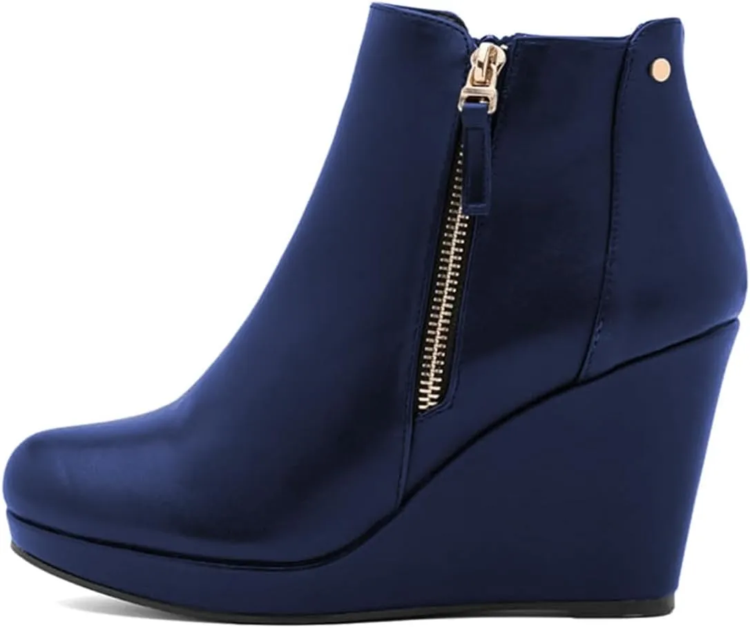 miss left Women's Trendy Wedge Ankle Boots Closed Round Toe Double Zippers High Heel Short Booties Fashion Party Shoe Size 4-16 US