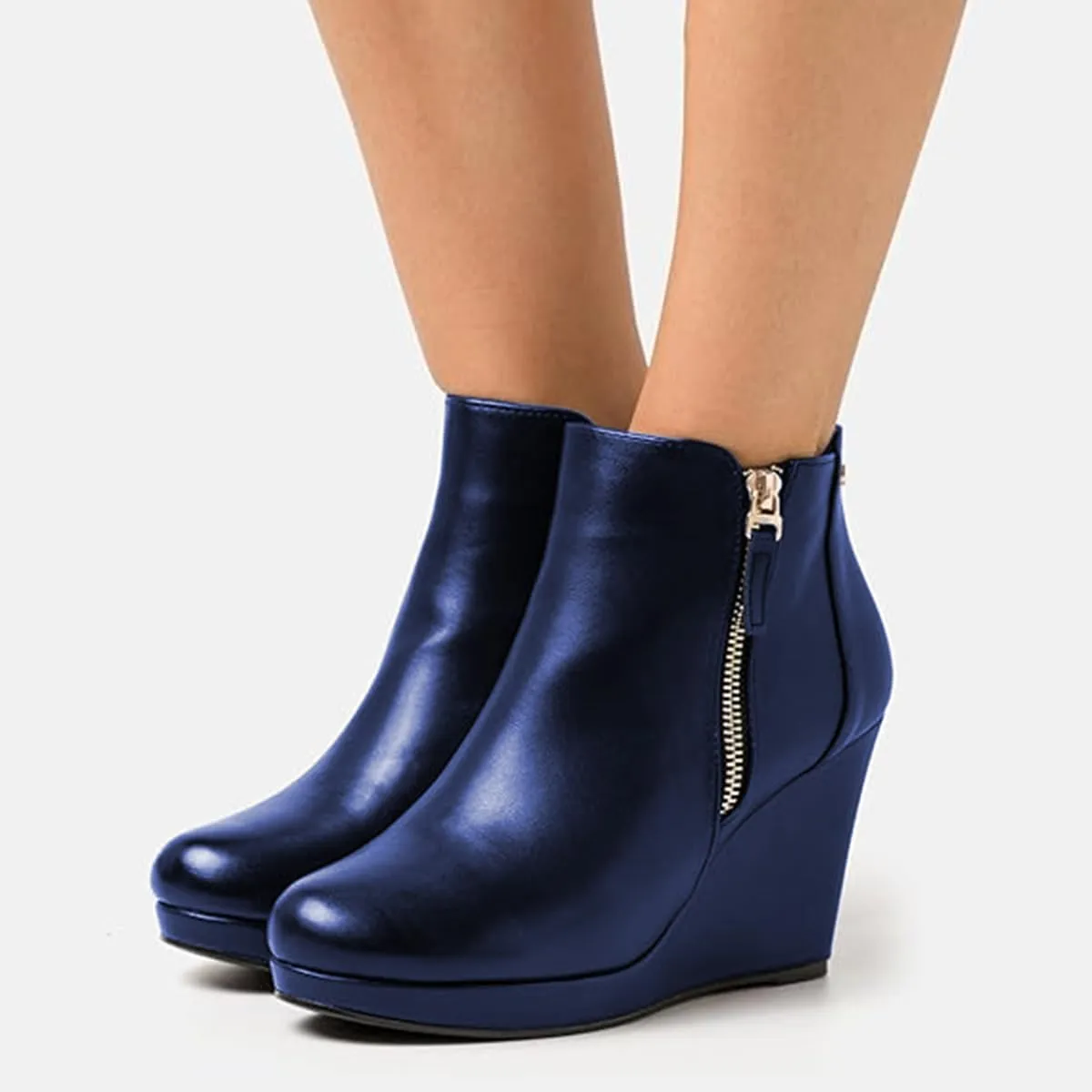 miss left Women's Trendy Wedge Ankle Boots Closed Round Toe Double Zippers High Heel Short Booties Fashion Party Shoe Size 4-16 US