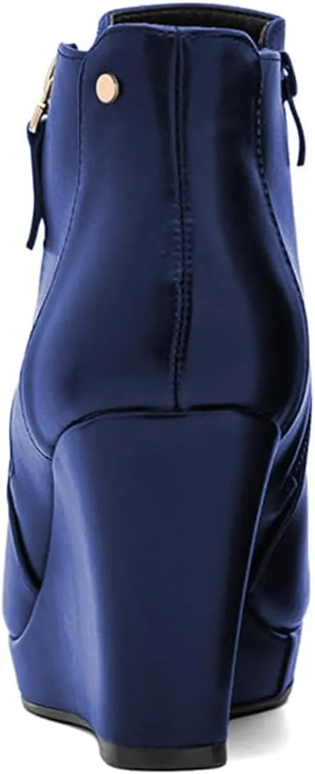 miss left Women's Trendy Wedge Ankle Boots Closed Round Toe Double Zippers High Heel Short Booties Fashion Party Shoe Size 4-16 US