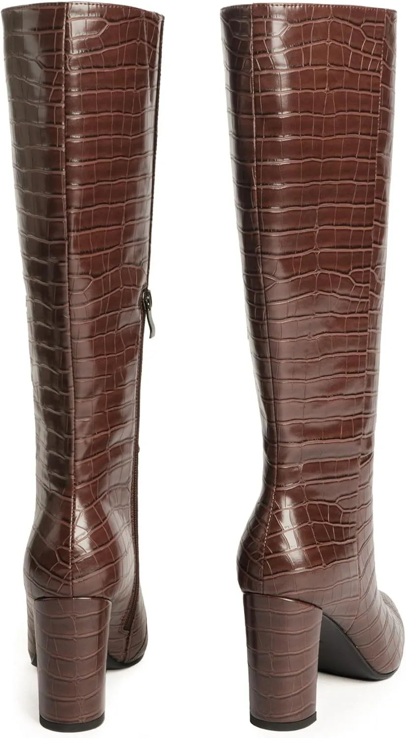 Modatope Knee High Women's Riding Boots - Tall, Long Calf High GoGo Chunky Faux Crocodile Boots - Block Heel Pointed Toe - Size 6-11
