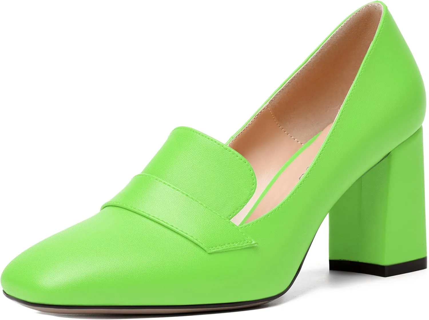 MODENCOCO Womens Sexy Formal Matte Slip On Square Toe Work Block High Heel Loafers Shoes 3.5 Inch
