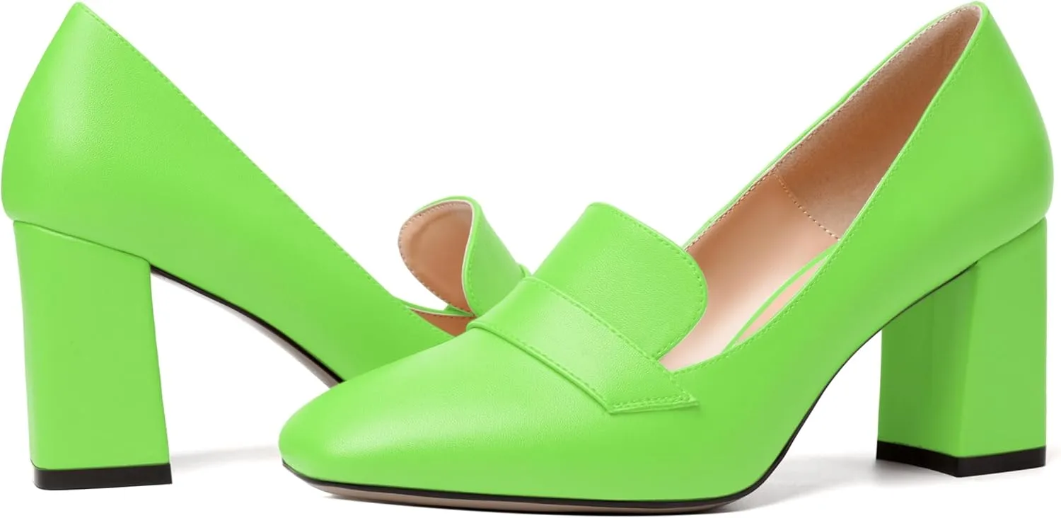 MODENCOCO Womens Sexy Formal Matte Slip On Square Toe Work Block High Heel Loafers Shoes 3.5 Inch