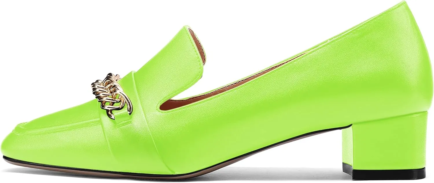 MODENCOCO Women's Slip On Square Toe Fashion Matte Office Metal Chain Decor Solid Chunky Low Heel Loafers Working Shoes 1.5 Inch
