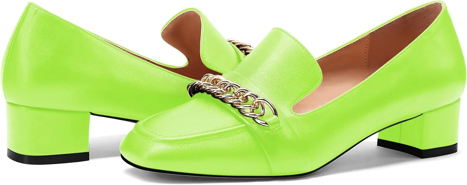 MODENCOCO Women's Slip On Square Toe Fashion Matte Office Metal Chain Decor Solid Chunky Low Heel Loafers Working Shoes 1.5 Inch