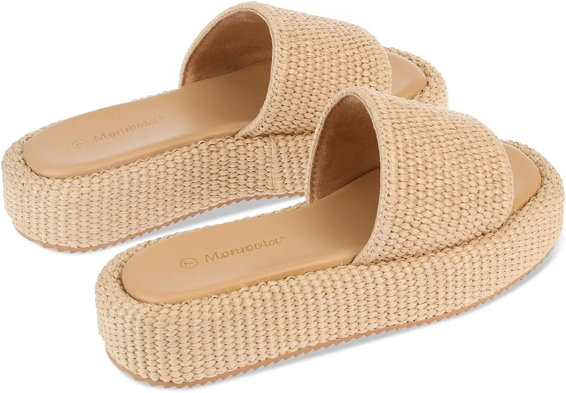 Monrovia Platform Sandals Women – Raffia Espadrilles Slip On Slides, Comfortable Summer Wedge Sandals, Straw Beach Shoes 2025