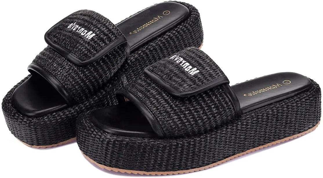 Monrovia Platform Sandals Women – Raffia Espadrilles Slip On Slides, Comfortable Summer Wedge Sandals, Straw Beach Shoes 2025