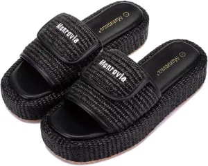 Monrovia Platform Sandals Women – Raffia Espadrilles Slip On Slides, Comfortable Summer Wedge Sandals, Straw Beach Shoes 2025