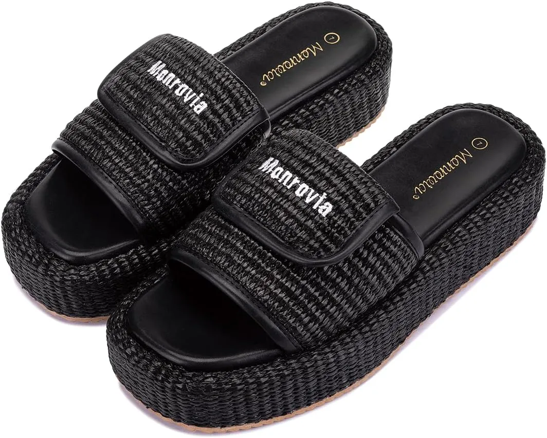 Monrovia Platform Sandals Women – Raffia Espadrilles Slip On Slides, Comfortable Summer Wedge Sandals, Straw Beach Shoes 2025