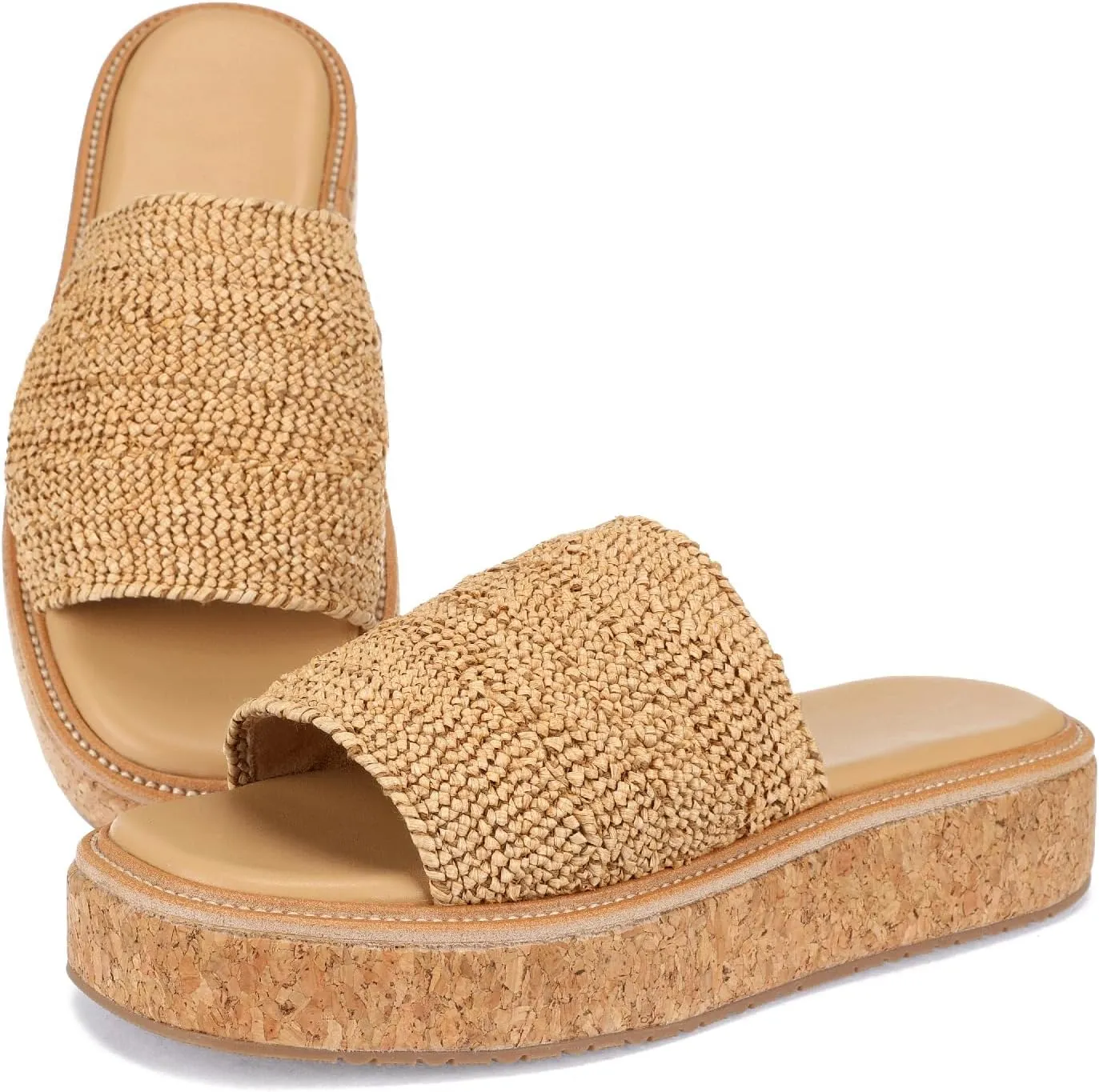 Monrovia Platform Sandals Women – Raffia Espadrilles Slip On Slides, Comfortable Summer Wedge Sandals, Straw Beach Shoes 2025
