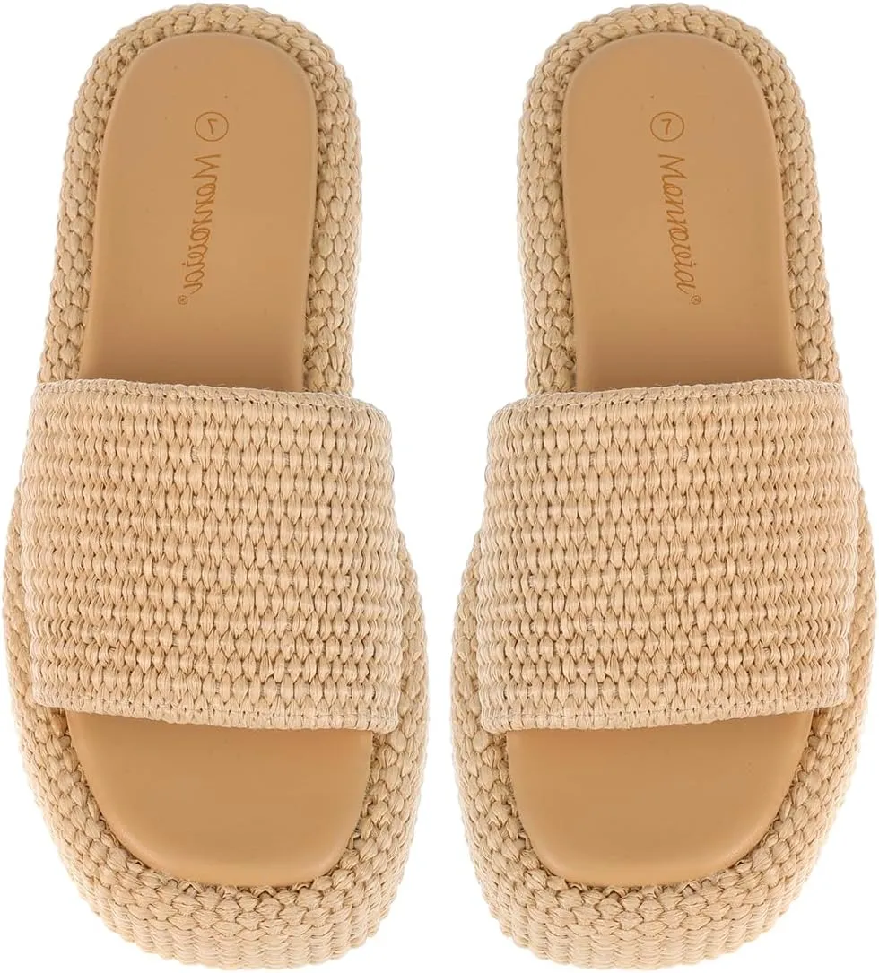 Monrovia Platform Sandals Women – Raffia Espadrilles Slip On Slides, Comfortable Summer Wedge Sandals, Straw Beach Shoes 2025