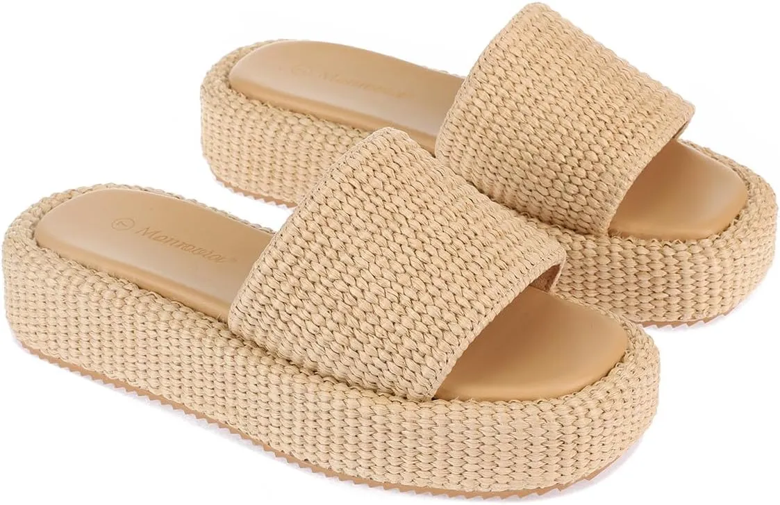 Monrovia Platform Sandals Women – Raffia Espadrilles Slip On Slides, Comfortable Summer Wedge Sandals, Straw Beach Shoes 2025