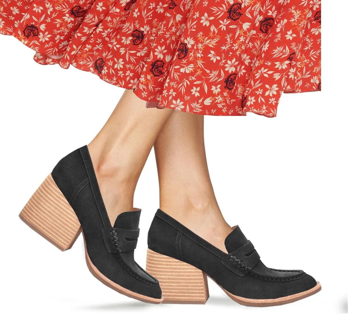 MOOMMO Women Chunky Platform Loafers Pumps Closed Round Toe Slip On Penny Loafers Block High Heels Suede Oxford Shoes Formal Classic