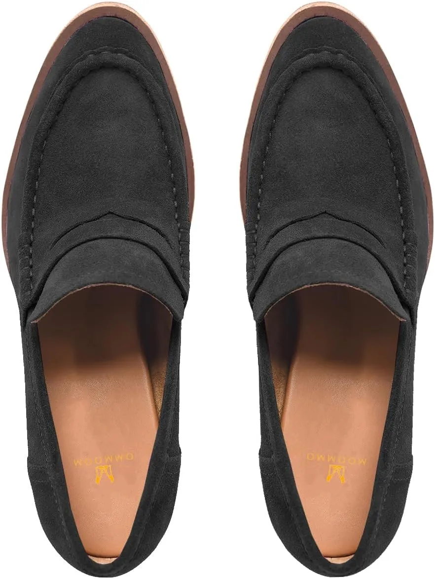 MOOMMO Women Chunky Platform Loafers Pumps Closed Round Toe Slip On Penny Loafers Block High Heels Suede Oxford Shoes Formal Classic