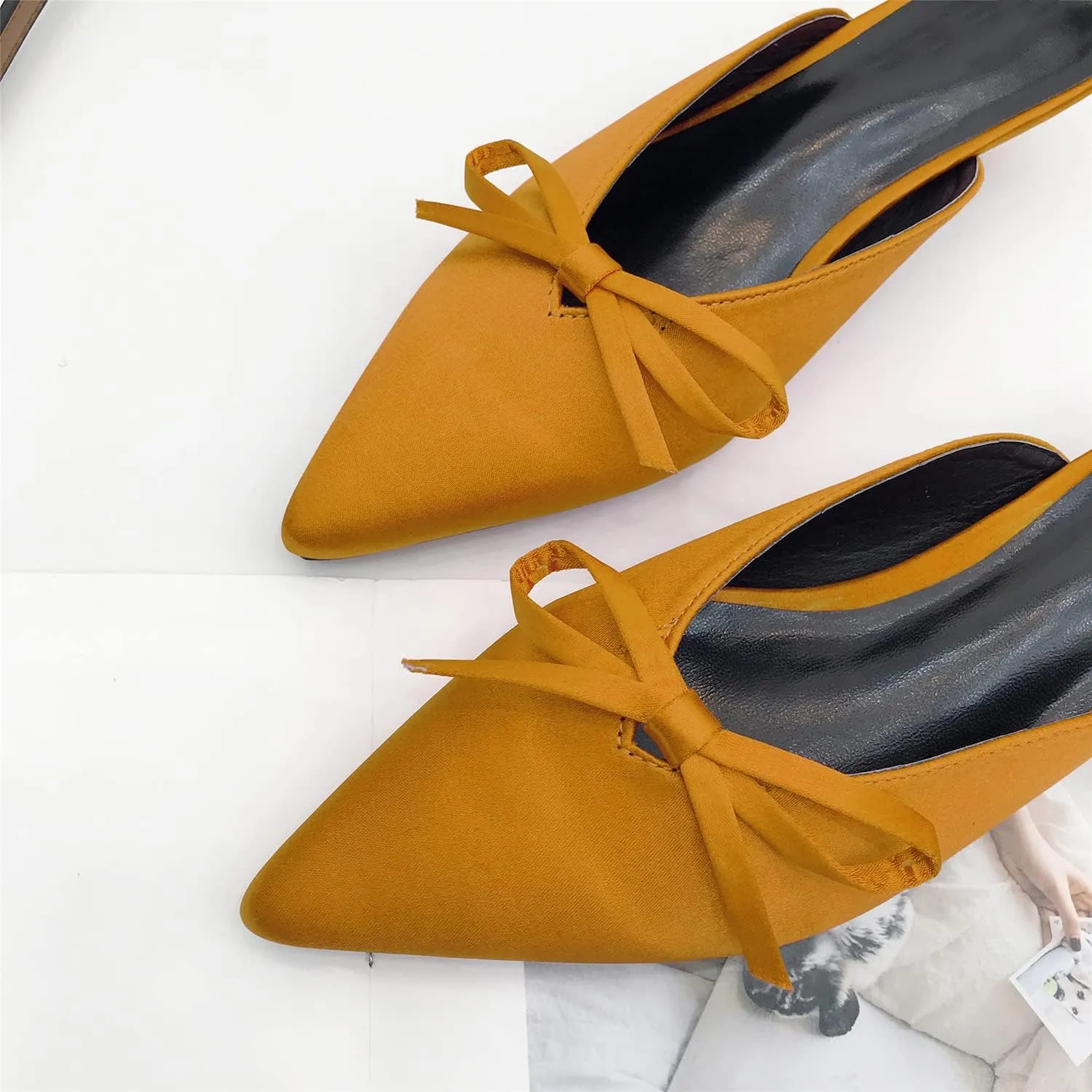 MOOMMO Women Satin Kitten Heel Mules Sandals Pointed Toe Slip On Bowtie Slide Sandal 1.5 Inch Low Heels Backless Loafer Shoes for Office Ladies Dressy Casual Summer Comfort Heeled Slipper 5-13 M US