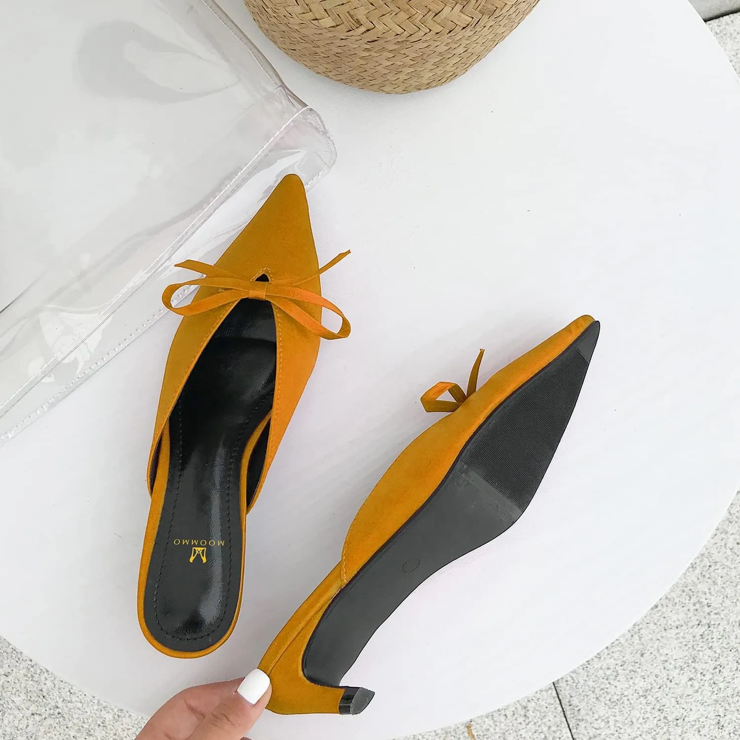 MOOMMO Women Satin Kitten Heel Mules Sandals Pointed Toe Slip On Bowtie Slide Sandal 1.5 Inch Low Heels Backless Loafer Shoes for Office Ladies Dressy Casual Summer Comfort Heeled Slipper 5-13 M US