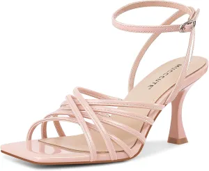 MUCCCUTE Heels for Women Square Open Toe Heeled Sandals Strappy Heels Ankle Strap Comfort Weddings Dressy Prom Shoes