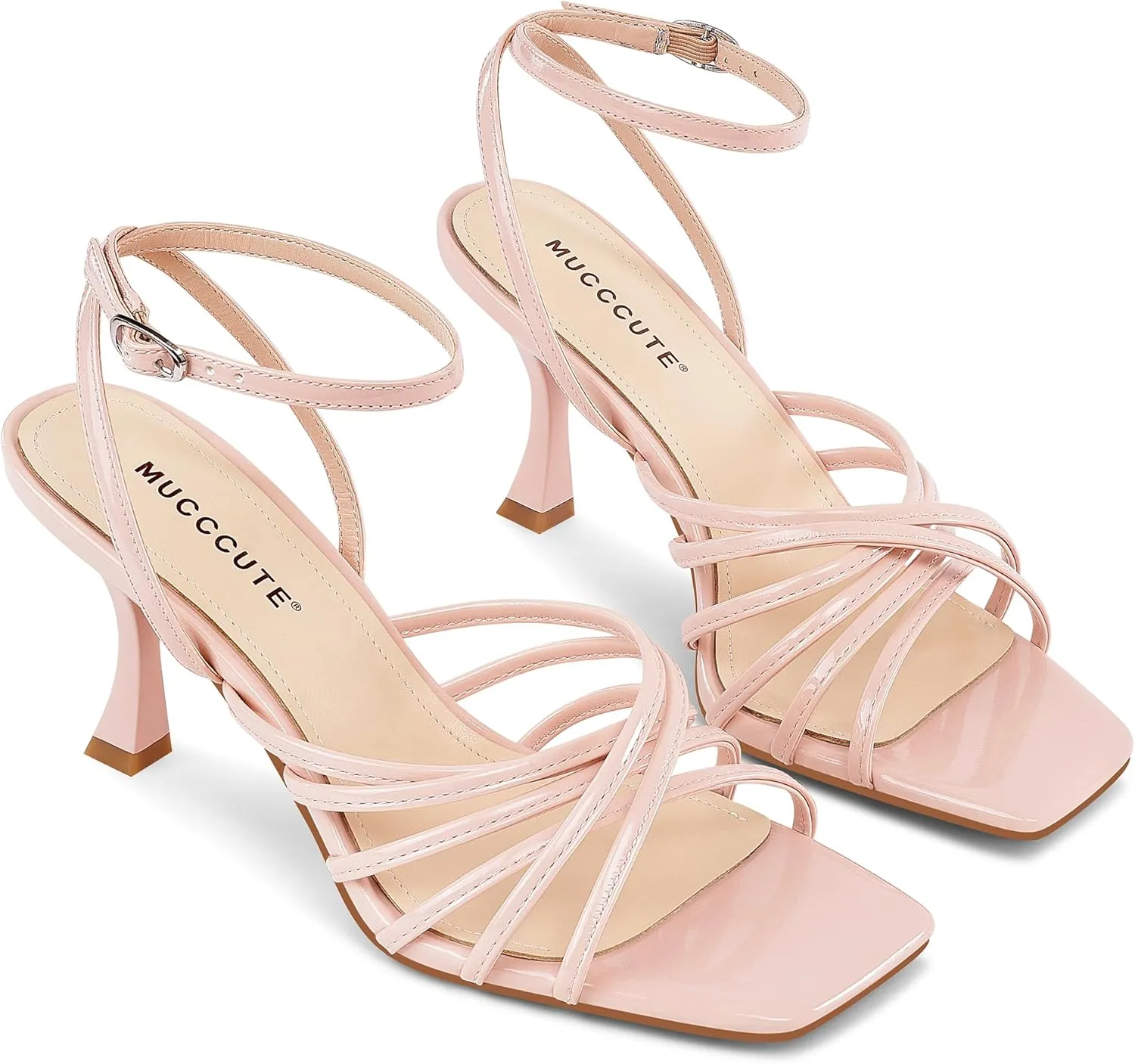 MUCCCUTE Heels for Women Square Open Toe Heeled Sandals Strappy Heels Ankle Strap Comfort Weddings Dressy Prom Shoes