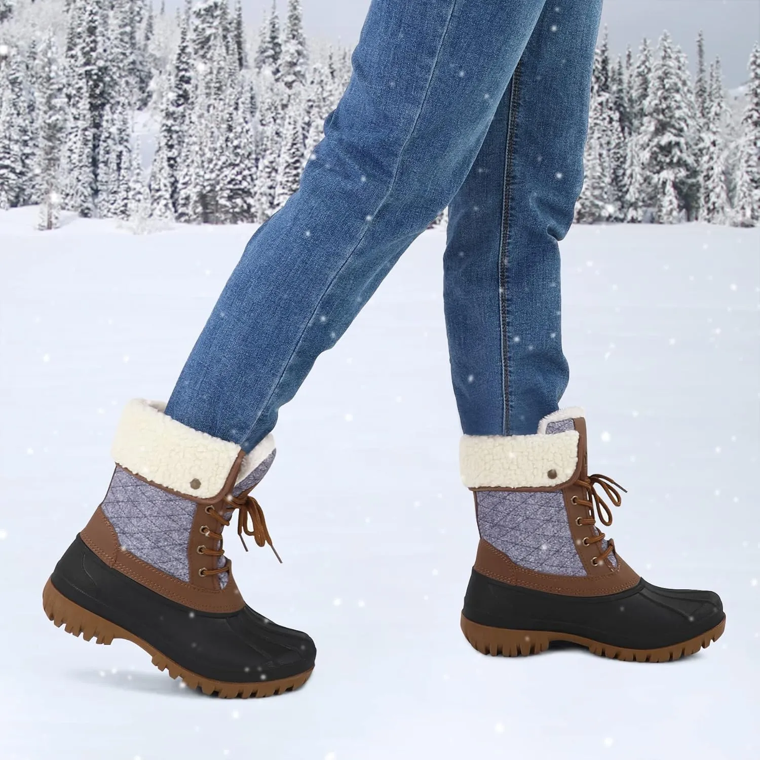 mysoft Women's Waterproof Snow Boots Insulated Warm, Lace-Up Winter Mid Calf Duck Boots for Outdoor