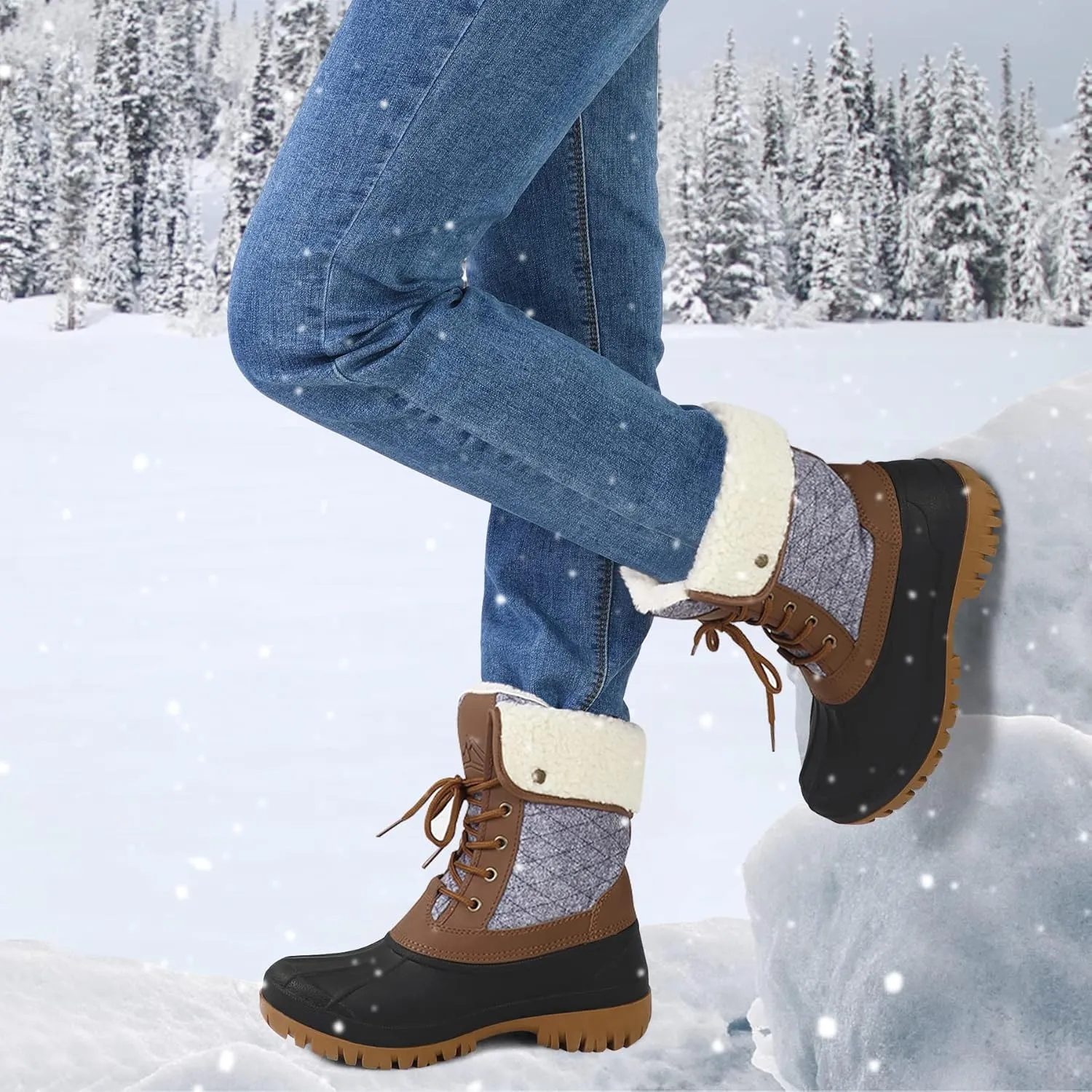 mysoft Women's Waterproof Snow Boots Insulated Warm, Lace-Up Winter Mid Calf Duck Boots for Outdoor