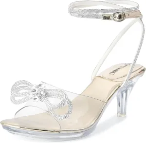 NBUUNBU Rhinestone Bowknot Strappy Clear Heels for Women - Ankle Strap Platform Sandals With Transparent High Heel - Sexy Crystal Slingback Stiletto Open Toe Comfy Party Wedding Shoes Mules Pump